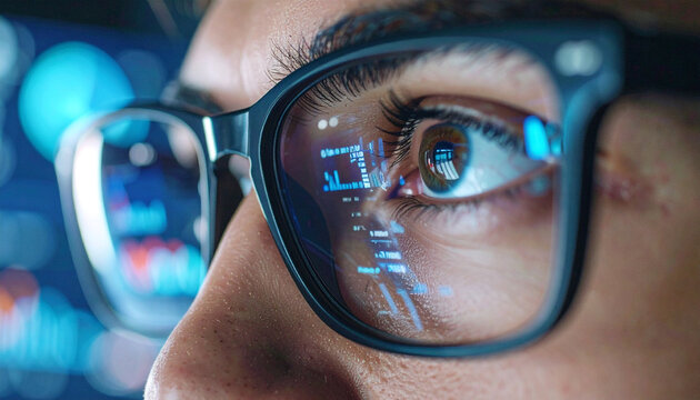 Close-up of a Focused Gaze: A close-up shot captures the intent eyes of a person wearing spectacles, with data reflected in the lenses, signifying deep focus on technology and information.