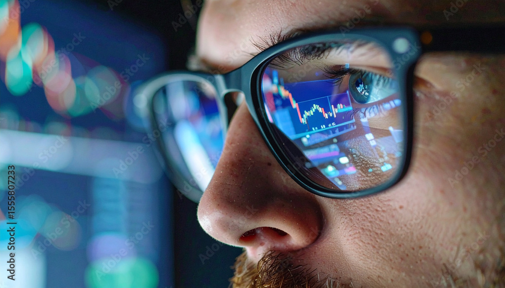Aufkleber analyzing the market: an intimate view: the reflection of financial data dance within the glasses of