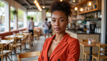 Confident black woman sitting in a cafe with a modern interior  