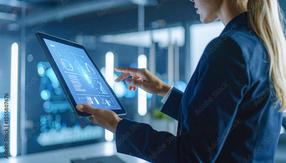 Aufkleber digital exploration: a focused professional in a sleek, futuristic lab environment uses a digital ta