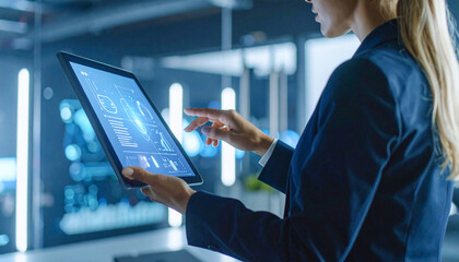 Digital Exploration: A focused professional in a sleek, futuristic lab environment uses a digital tablet, showcasing a cutting-edge interface and the power of technology in action.