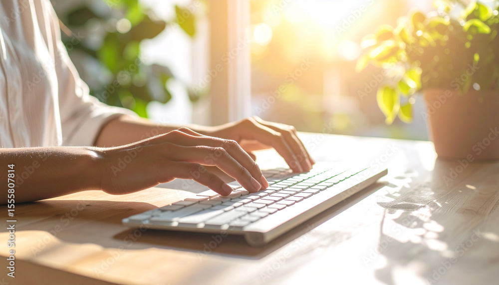 Poster typing productivity at workplace: a close-up view of hands typing on a keyboard, capturing the focus