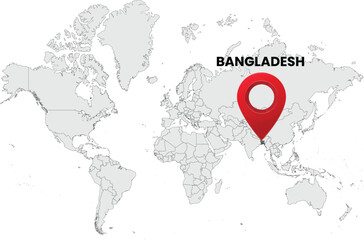 World map on white background. World map with country bangladesh highlighted with location symbol. Vector illustration of map and pin location of bangladesh country.