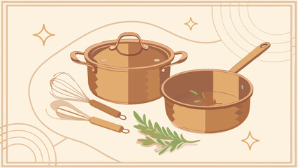 Cooking Utensils Pot Pan Whisk and Rosemary Illustration.
