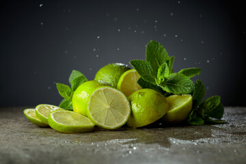 Lime slices and fresh mint branches on a stone table.