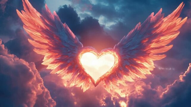 Ethereal heart-shaped cloud formation with angelic wings glowing at sunset