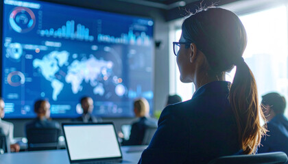 Businesswoman Analyzing Global Data: A focused businesswoman sits in a modern conference room, her gaze fixed on a large screen displaying complex global data visualizations.