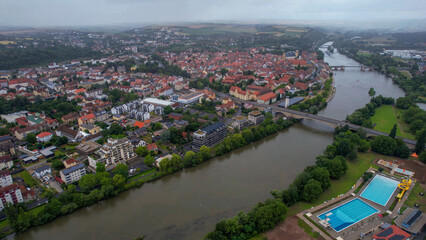 A panorama aerial view around the downtown in the city Kitzingen Germany on a Cloudy spring morning	