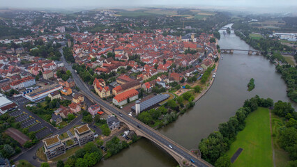 A panorama aerial view around the downtown in the city Kitzingen Germany on a Cloudy spring morning	