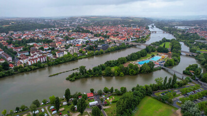 A panorama aerial view around the downtown in the city Kitzingen Germany on a Cloudy spring morning	