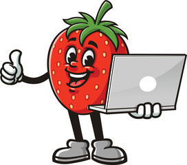Strawberry character cartoon holding a laptop