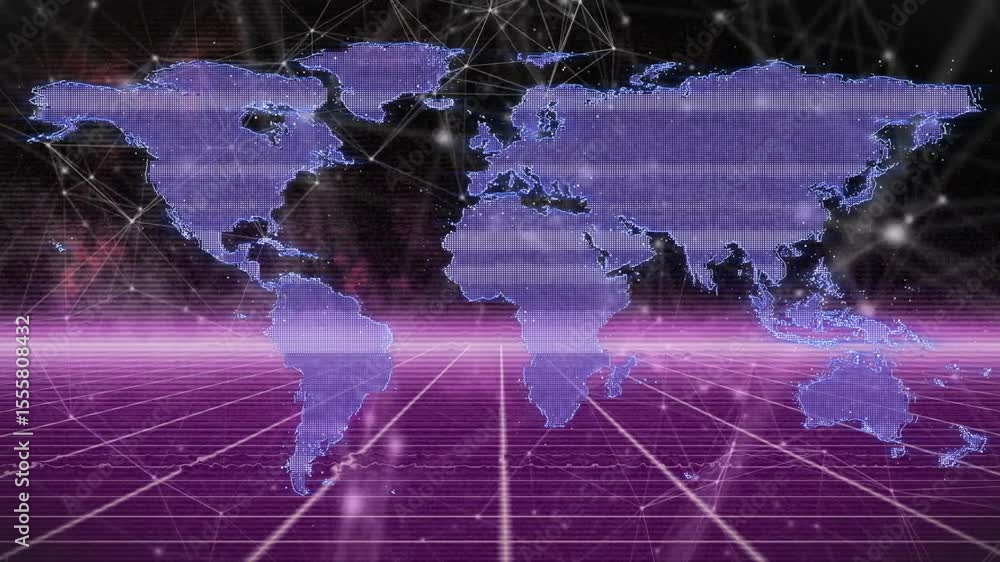 Poster after magenta grid floor extending, purple map hologram pulsing network lines linking data