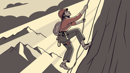 Naklejka premium Female Climber Ascending Steep Mountain Face.