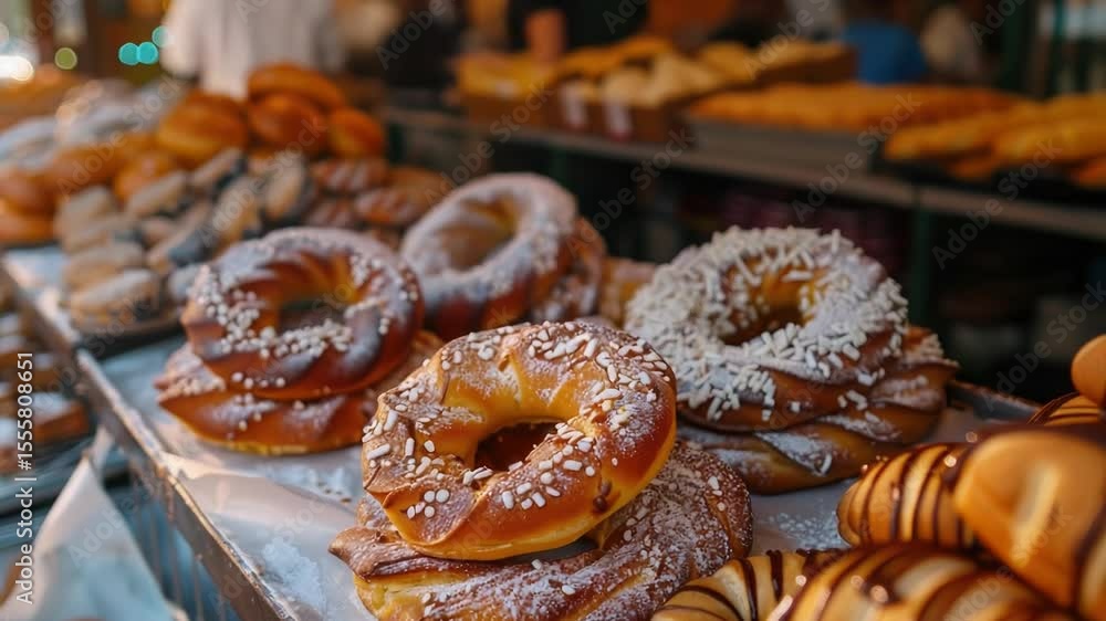 Poster a collection of soft and fluffy doughnuts arranged on a table, perfect for a snack or dessert