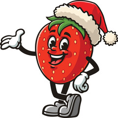 Strawberry character cartoon wearing a Christmas hat
