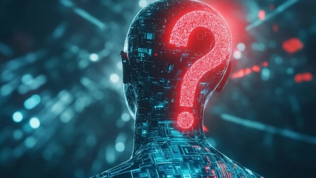Futuristic digital humanoid silhouette with a glowing question mark, exploring AI concepts