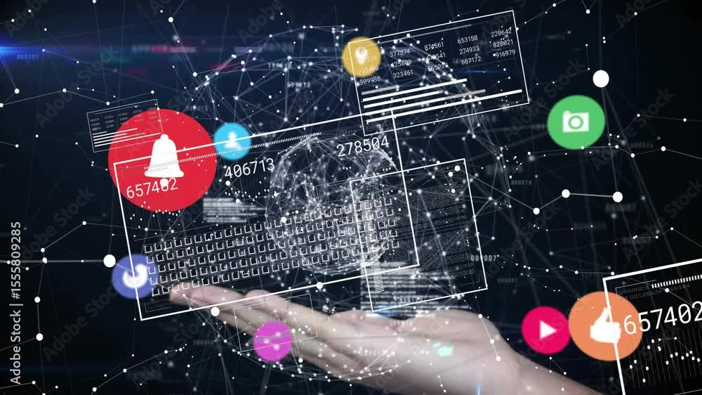 Poster palm appearing and raising ui panels while globe spinning and icons updating for data visualization
