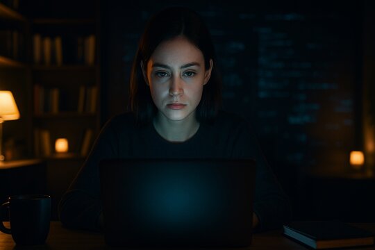 woman focused on laptop in a dimly lit office. Soft yellow lamps and blue screen light create a contrast. Bookshelves and digital interface projections suggest a tech or cybersecurity setting	
