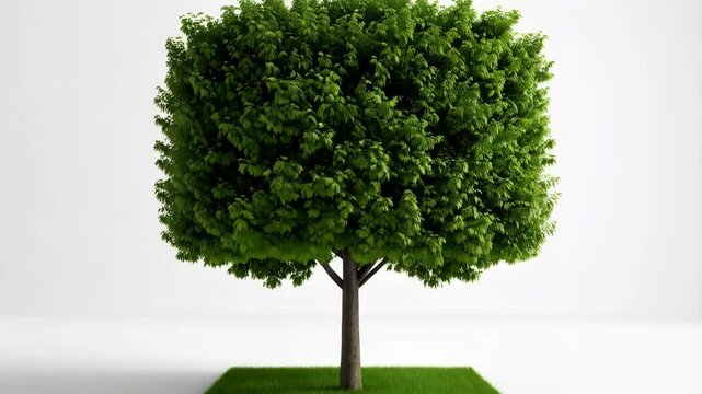A square green tree with a brown trunk standing on a square patch of grass on a solid white background in a studio setting