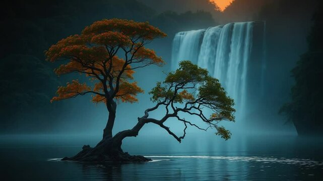 Vibrant orange tree in reflective water near misty waterfall with soft ethereal morning light