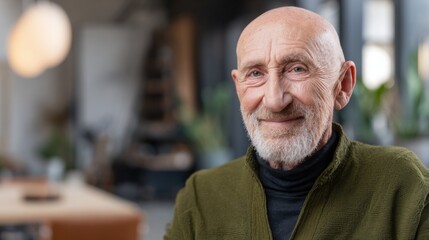 Elderly man with bald head and white beard wearing dark turtleneck and olive-green jacket, warm smile, kind eyes, cozy indoor setting, soft bokeh background, warm lamp, green plants, serene ambiance.