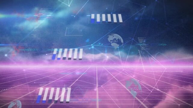 Screen revealing neon grid network forming to glowing horizon, charts sliding, globe fading insight