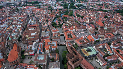 A panorama aerial view around the old town in the city Nuremberg Germany on a sunny spring morning
