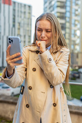 Upset unhappy Caucasian businesswoman girl using smartphone bad connection losing fortune loss fail...