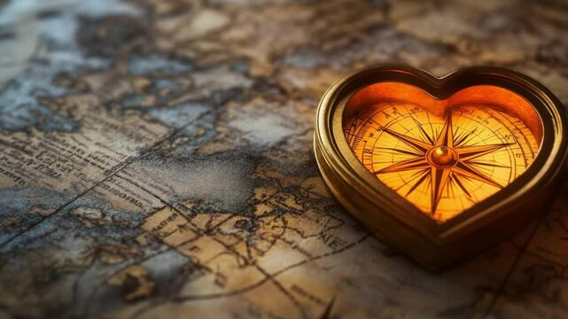 Heart-shaped compass resting on an antique map, symbolizing adventure and exploration