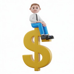 A playful 3D render of a cartoon businessman in a shirt and tie, sitting confidently on top of a large golden dollar sign, symbolizing success and wealth. 