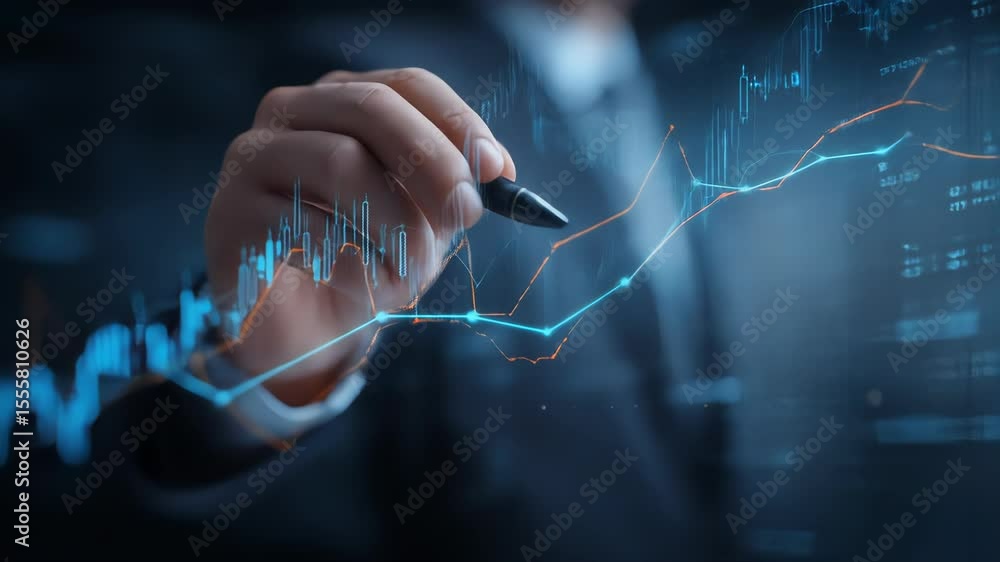 Aufkleber the video's blurred background shows a businessman pointing at a digital display with financial incr