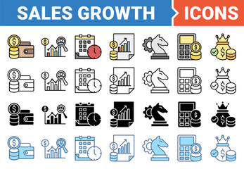 Sales growth icon set with multiple style collection.