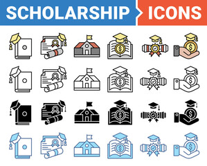 Scholarship icon set with multiple style collection.