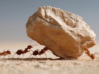 Ants collaborate to move a heavy rock across sandy terrain during daylight hours