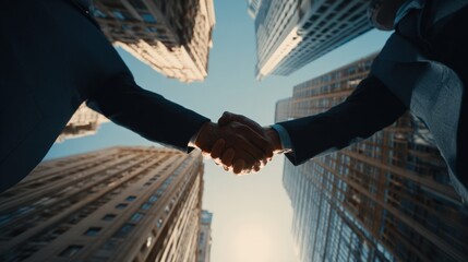 Successful business deal captured from a low-angle perspective in a financial district.