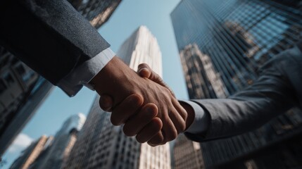 Successful business deal captured from a low-angle perspective in a financial district.