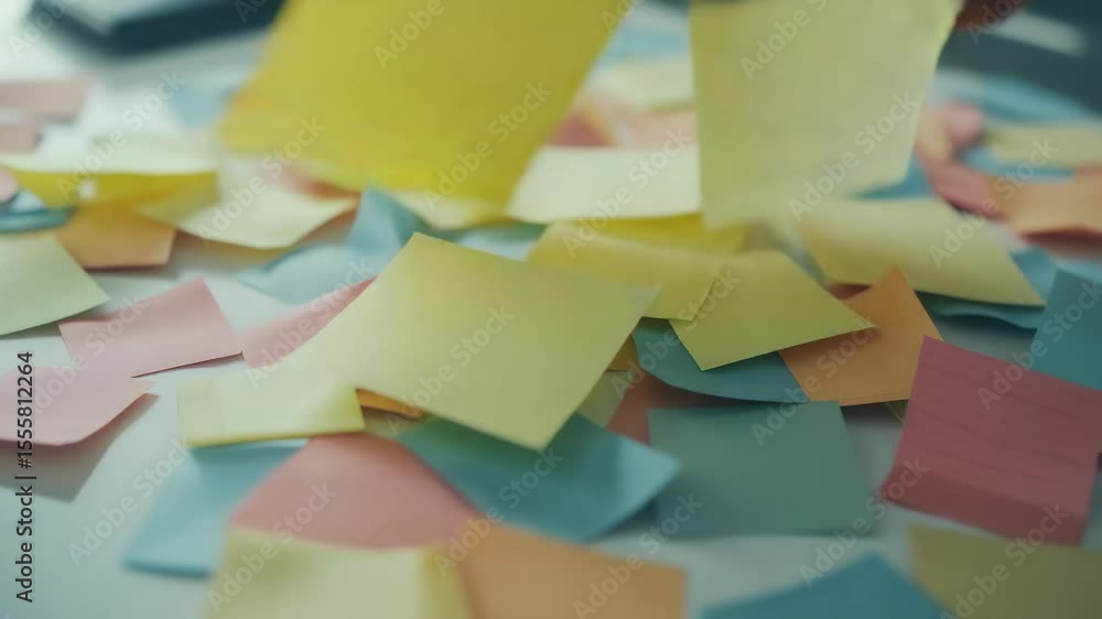Poster Colorful sticky notes covering a white table create an inviting atmosphere for brainstorming sessions and visual thinking processes, sparking creativity and collaboration among team members
