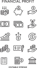 Financial profit line icon set. Containing Money income, money savings, earnings, money, cash, investment, financial growth and more. Editable stroke. Vector illustration
