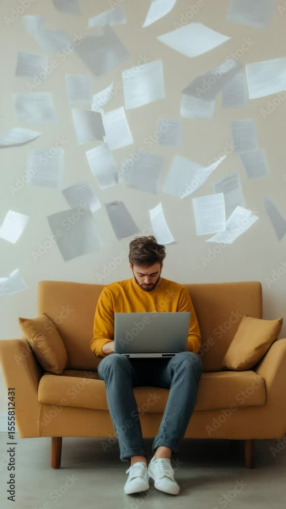 Poster young man working remotely from home, sitting on a comfortable sofa with his laptop while sheets of 
