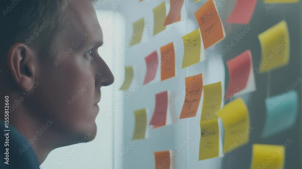 Poster Project manager reviewing multicolored sticky notes on glass partition, strategizing workflow and organizing project details in modern office environment