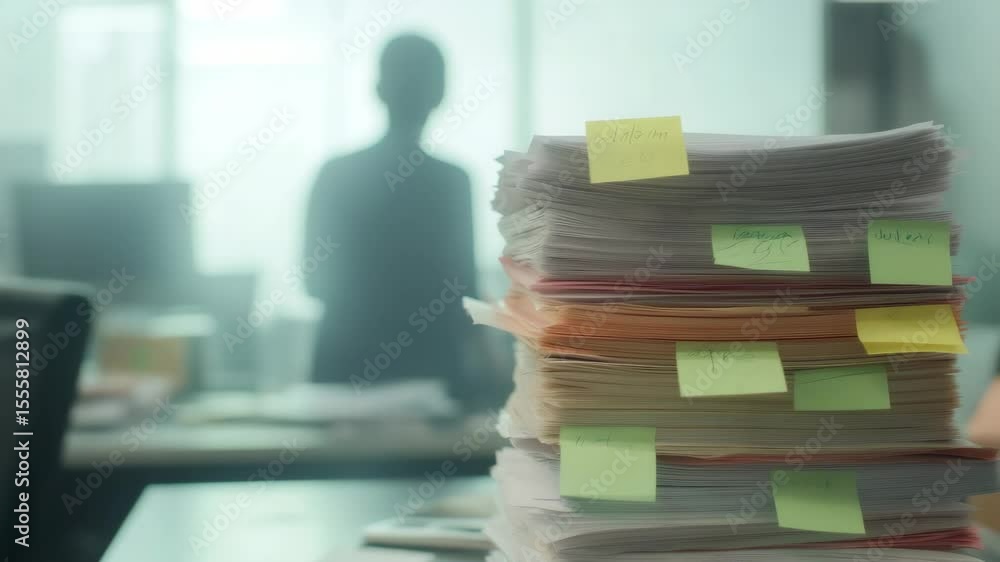 Poster stacked paperwork covered in sticky notes waits for signatures on a desk, while an employee diligent