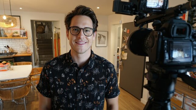 Vlogging setup in modern home with male host in black shirt and glasses.