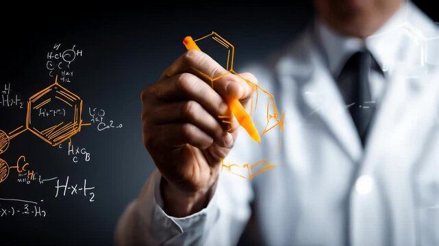 The video's blurred background shows a scientist is drawing chemical formulas using a benzene ring hexagonal shape structure. A scientific research, innovation, and chemical concepts.