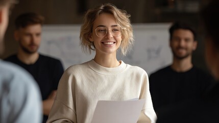 Woman in leadership role discussing reports in team huddle.