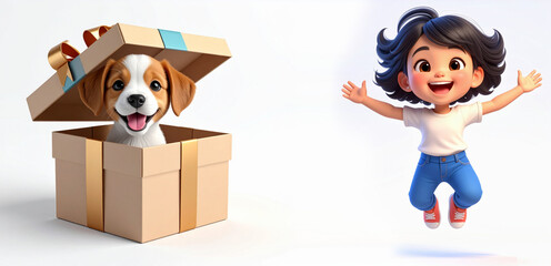 Child and pet dog surprise gift illustration - 3D material of a puppy jumping out of a gift box and a happy girl