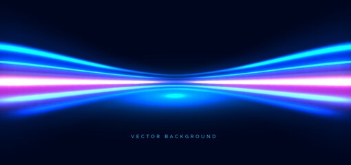 High speed blue geometric horizontal ray on dark blue background. High speed motion moving concept.