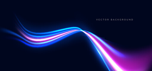 Futuristic technology blue and pink beam wave on dark blue background. Speed motion moving concept.
