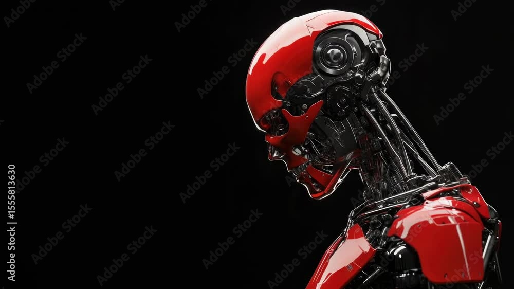 Poster close-up of a robot's head on a black background, suitable for technology and innovation concept ima