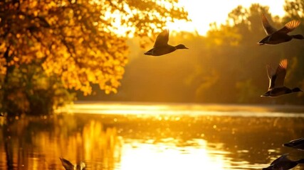 Ducks in Flight: Golden Hour Reflection on the Lake with a Flock Taking Off - Powered by Adobe
