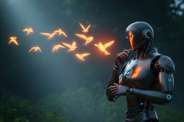 Fototapeta premium A futuristic dark metallic robot stands in a misty, lush green forest at dusk, thoughtfully observing a flock of glowing holographic orange birds